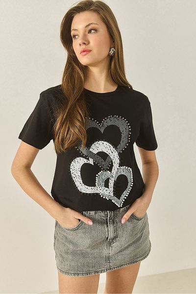 Bianco Lucci Women Heart Printed Beaded Embroidered Regular Fit Cotton T-Shirt 8106 60283301