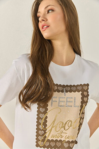 Bianco Lucci Γυναικείο T-Shirt με στάμπα και πέτρες, κοντομάνικο, με λαιμόκοψη τύπου μπίκερ, από βαμβάκι 60283309