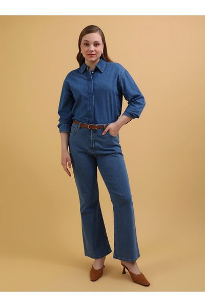 ALİA Plus Size Flare Denim Trousers - Light Blue - Alia