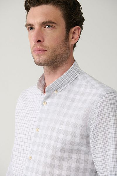 Avva Men's Gray Plaid Piece Linen Blended Shirt A41Y2052
