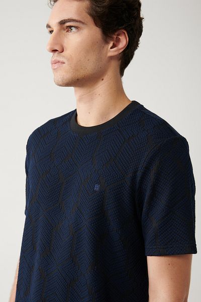 Avva Men's Navy Blue Crew Neck Jacquard T-Shirt A32Y1180