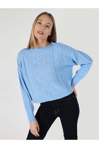 Colin's Pulover albastru pentru femei, cu gât rotund, jacquard
