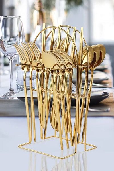 COOYA 24-Piece Stainless Steel Kitchen Cutlery Set, With Stand, Mirror Polished, for 6 People, Glod