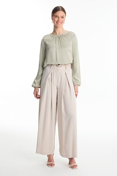 Zühre Belt Detailed Wide Leg Beige Trousers P-0222