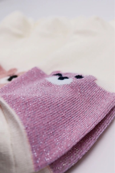 modernadımlar 4 Çift Ekru Pembe Simli Sevimli Ayıcık Figürlü Pamuklu Kadın Kı...