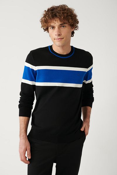 Avva Men's Black Crew Neck Textured Cotton Knitwear Sweater A32Y5073