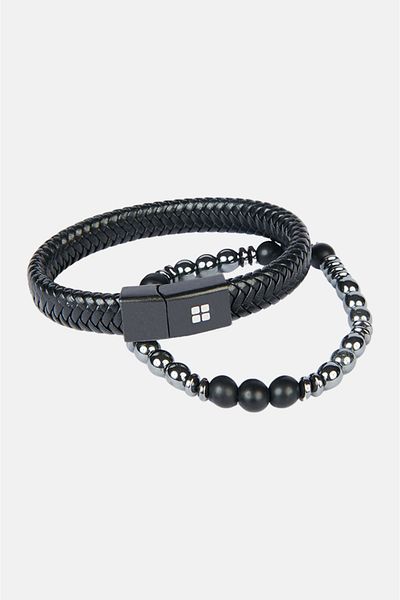 Avva Men's Black 2-Piece 100% Leather and Hematite Stone Bracelet A32y9614