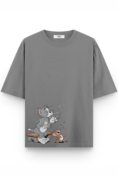 Overoz Γκρι ημι-υπερμεγέθη μπλουζάκι Tom And Jerry με στάμπα Unisex T-shirt με γράμματα 1379