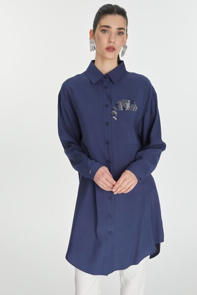 Zühre ياقة القميص وجيب بأزرار وتفاصيل سترة باللون الأزرق الداكن T-1576