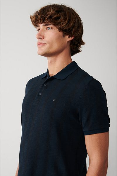 Avva Marineblaues Herren-T-Shirt aus Baumwolle mit geripptem Polokragen A31y1192