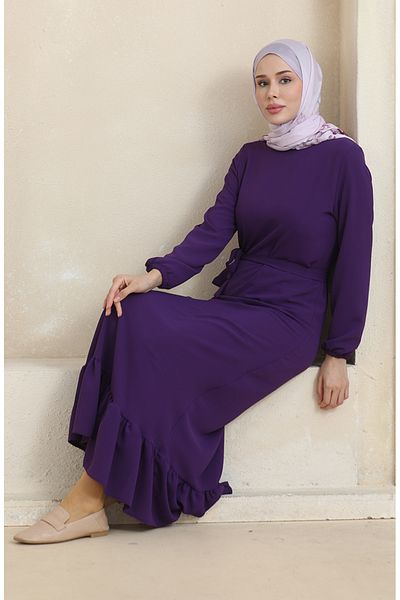 sefamerve Purple Elastic Sleeve Belted Dress - 1015-04