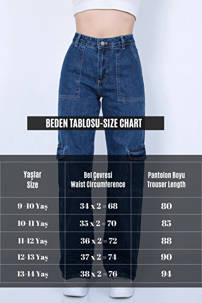 Asortix Kız Çocuk Kargo Cep Detaylı Yüksek Bel Wide Leg Kot Pantolon