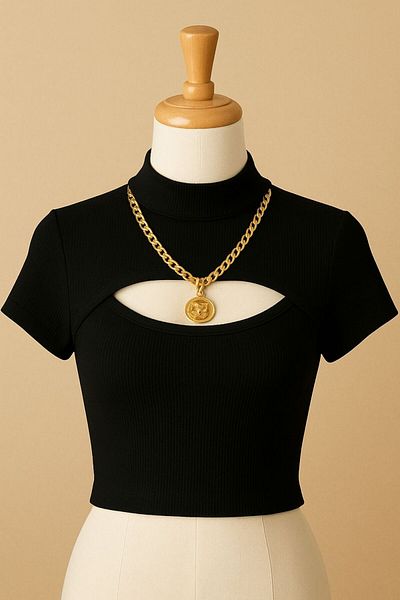 Stail Moda Γυναικεία μαύρη καμιζόλα ύφασμα με χαμηλό κομμένο μισό μανίκι μπλούζα Crop Top2025