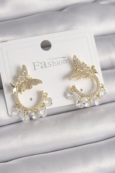 Skygo Brass Gold Color Zircon Stone Dangle Detail Butterfly Model Women's Earrings - Tj-Bkp9901