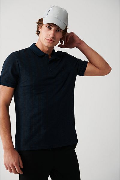 Avva Marineblaues Herren-T-Shirt aus Baumwolle mit geripptem Polokragen A31y1192