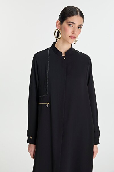 Zühre Judge Collar Zipper Detailed Long Black Tunic T-1579