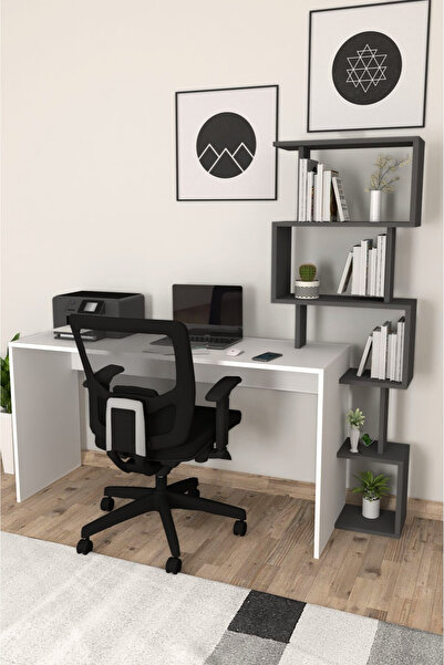 Moonlife Pratik Kitaplıklı Çalışma Masası Beyaz Antrasit