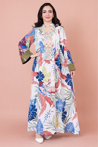 IKKXA Embroidered Leaf Blossom Jalabiya
