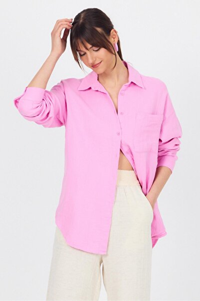 Rays Ροζ Μονή Τσέπη 100% Βαμβακερό Πουκάμισο Μουσελίνα Oversize 4697A