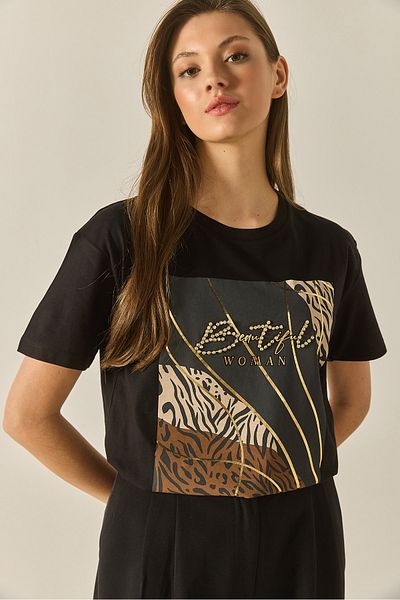 Bianco Lucci Women's Patterned Stone Embroidered Regular Fit Cotton T-Shirt 8125 60283304