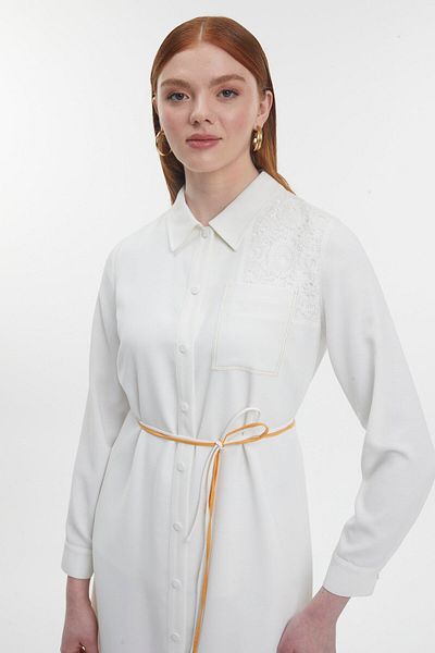 Zühre Shirt Collar Lace Detailed Ecru Long Tunic T-1451