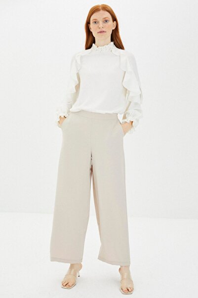 Zühre Παντελόνι από ύφασμα μπεζ με φαρδύ πόδι P-0013