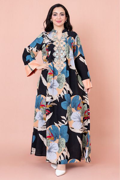 IKKXA Embroidered Leaf Blossom Jalabiya