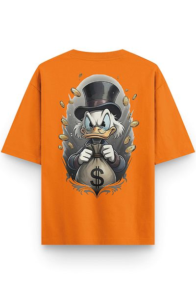 Overoz Orange Semi Oversize Tshirt Scrooge Mcduck Printed Oversize Written Unisex T-Shirt 1380