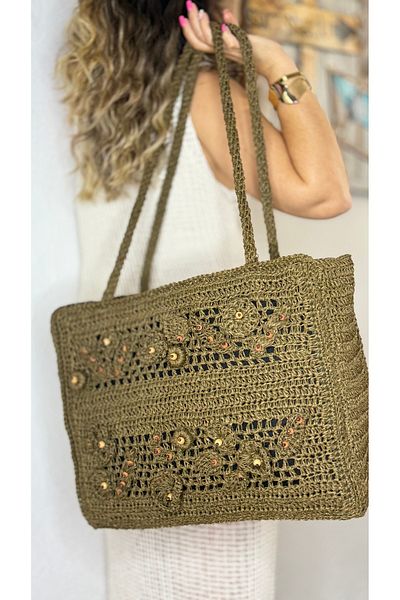 Tuvita Collection Bodrum All Paper Rope Knitted Both Sides Beach Bag with Flower and Wood Bead Embroidery