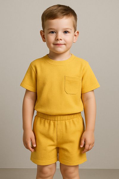 Bubito Waffle Visual Pocket Detailed Cotton Summer Baby Kids Shorts Set-Brown