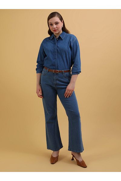 ALİA Plus Size Flare Denim Trousers - Light Blue - Alia