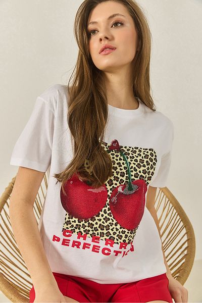 Bianco Lucci Γυναικείο μπλουζάκι Cherry Leopard με στάμπα με πέτρα με λεπτομέρεια κανονική εφαρμογή 4140 60283299