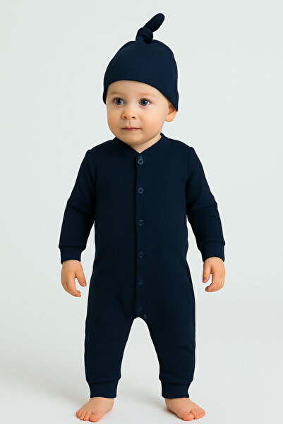 Bubito Waffle Combed Baby Romper with Cap - Navy Blue