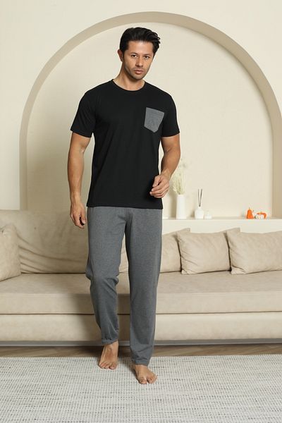 LİLA İÇ GİYİM Men's Cotton Pocket Black Pajama Set