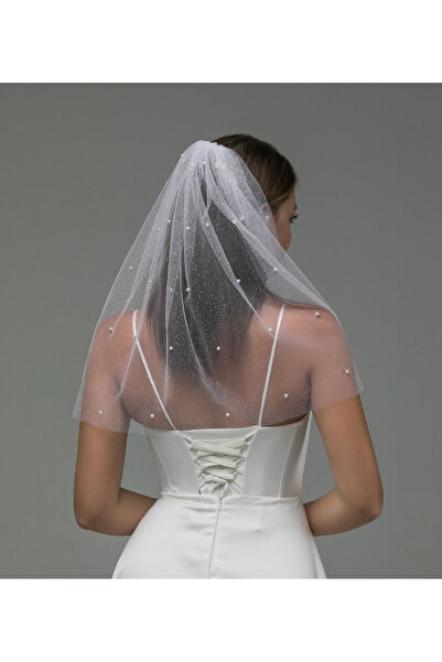 quella atelier Simli Bride Party Duvağı Simli Incili Kısa Duvak (TARAKLI)