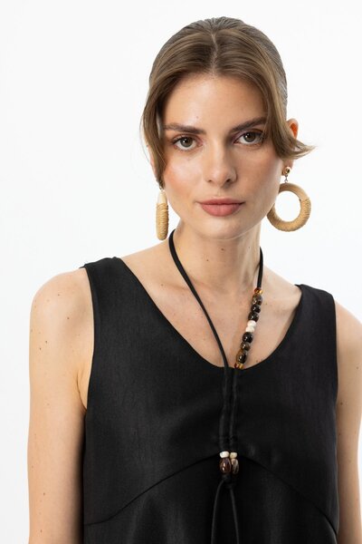 Ekol Boncuk Süslü Volanlı Maxi Elbise