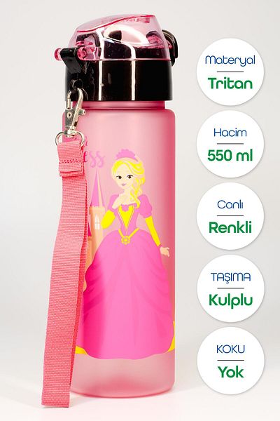 Telvesse Children's Water Bottle Tritan Water Bottle with Straw Princess School Water Bottle with Straw Bpa-Free 550ml Pink T0101