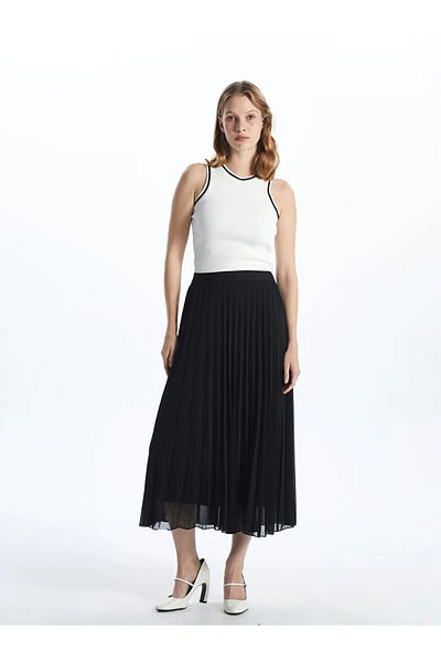 LC Waikiki Lcwaikiki Classic Black Elastic Waist Chiffon Women's Pleated Skirt