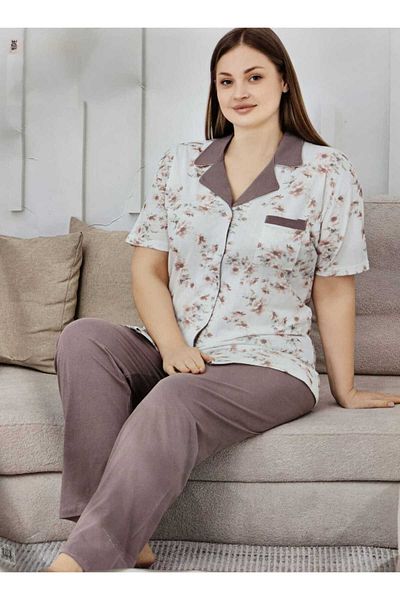 Mirano Shirt Collar Front Buttoned Floral Patterned Short Sleeve Women's Pajama Set 6690 Ecru