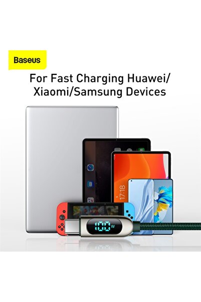 Baseus LED Display Fast Charging Data Cable Type-C to Type-C 100W 5A, Nylon Braided, 1M - Green