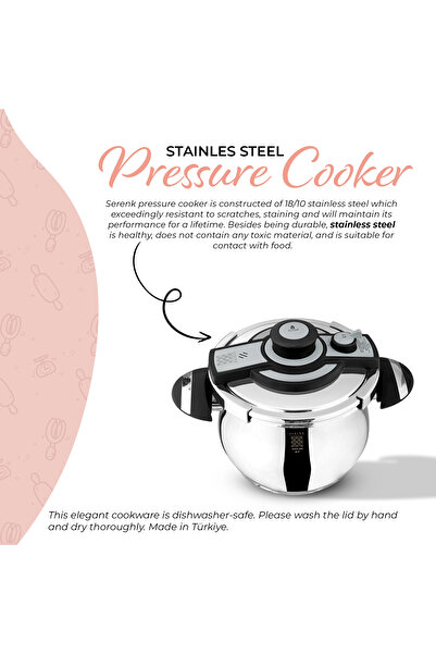 Serenk 6L Stainless Steel Pressure Cooker, Dishwasher Safe, Induction Compatible, Safety Lock
