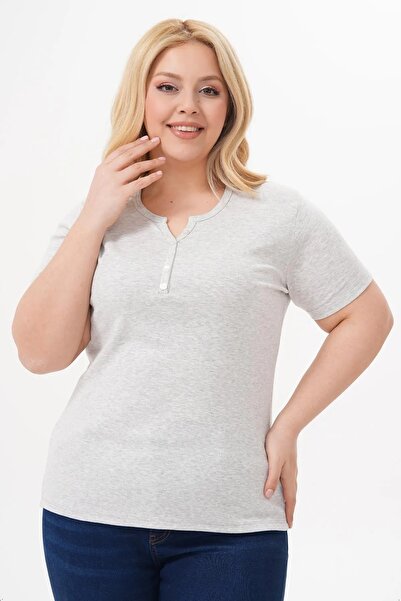 LİFERA Cotton Lycra Button Detail Basic T-Shirt, Large Size T-Shirt