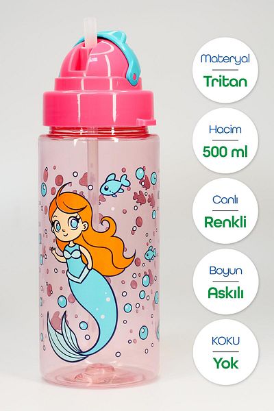 Telvesse Kids Water Flask Tritan Straw Water Bottle with Neck Strap Marine School Water Bottle BPA Free 500mL Pink T0107