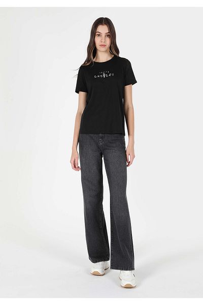 Colin's Tricou cu mânecă scurtă pentru femei, negru, cu imprimeu, cu decolteu rotund