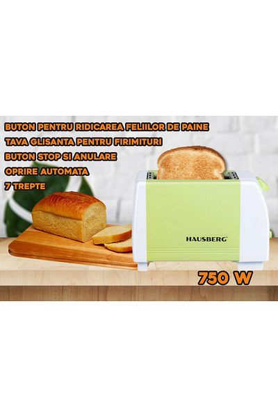 Hausberg Topinkovač HB-150VR, 750 W, 2 plátky, 7 teplotních nastavení, automatické vypnutí, zelený