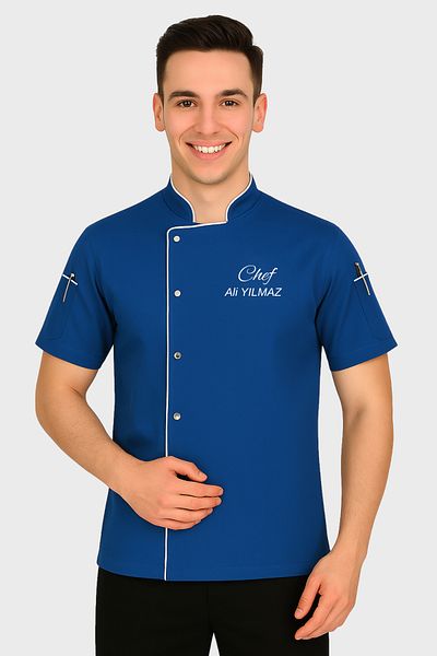 Üniformanya Jachetă de bucătar cu nume Cadou Mâneci scurte Îmbrăcăminte de bucătar albastru indigo Cămașă de bucătar Tricou de bucătar