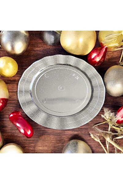 Evinizin Yardımcısı SUNUM & Pasta Malzemeleri & Parti mazeler & Sunum Şeffaf Gümüş Simli Plastik Tabak 19cm 6 Adet