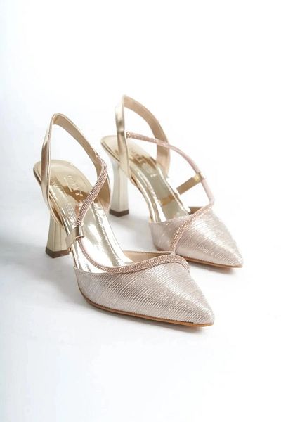 GUİZA Famels Gold Rhinestone High Heels, Plaster Shiny and Combination Bag Set for Evening Dresses and Regular Occasions