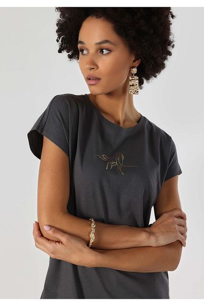 Colin's Regular Fit Round Neck Printed Women's Anthracite Short Sleeve T-Shirt