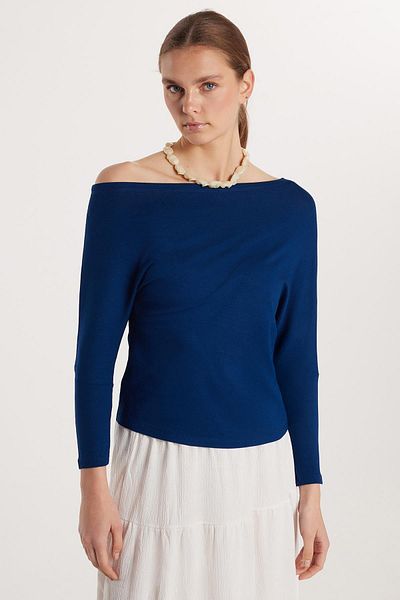 Tudors Γυναικεία Slim Fit Boat Neck Shoulder Λεπτομερής μπλούζα Indigo